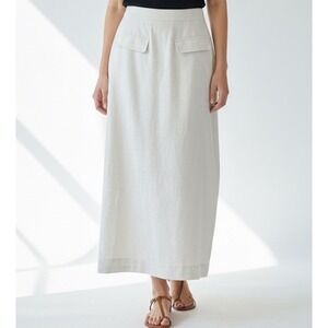 M&S Linen Blend Maxi Skirt Off White‎ Faux Front Pockets Back Slit Lined Sz 12